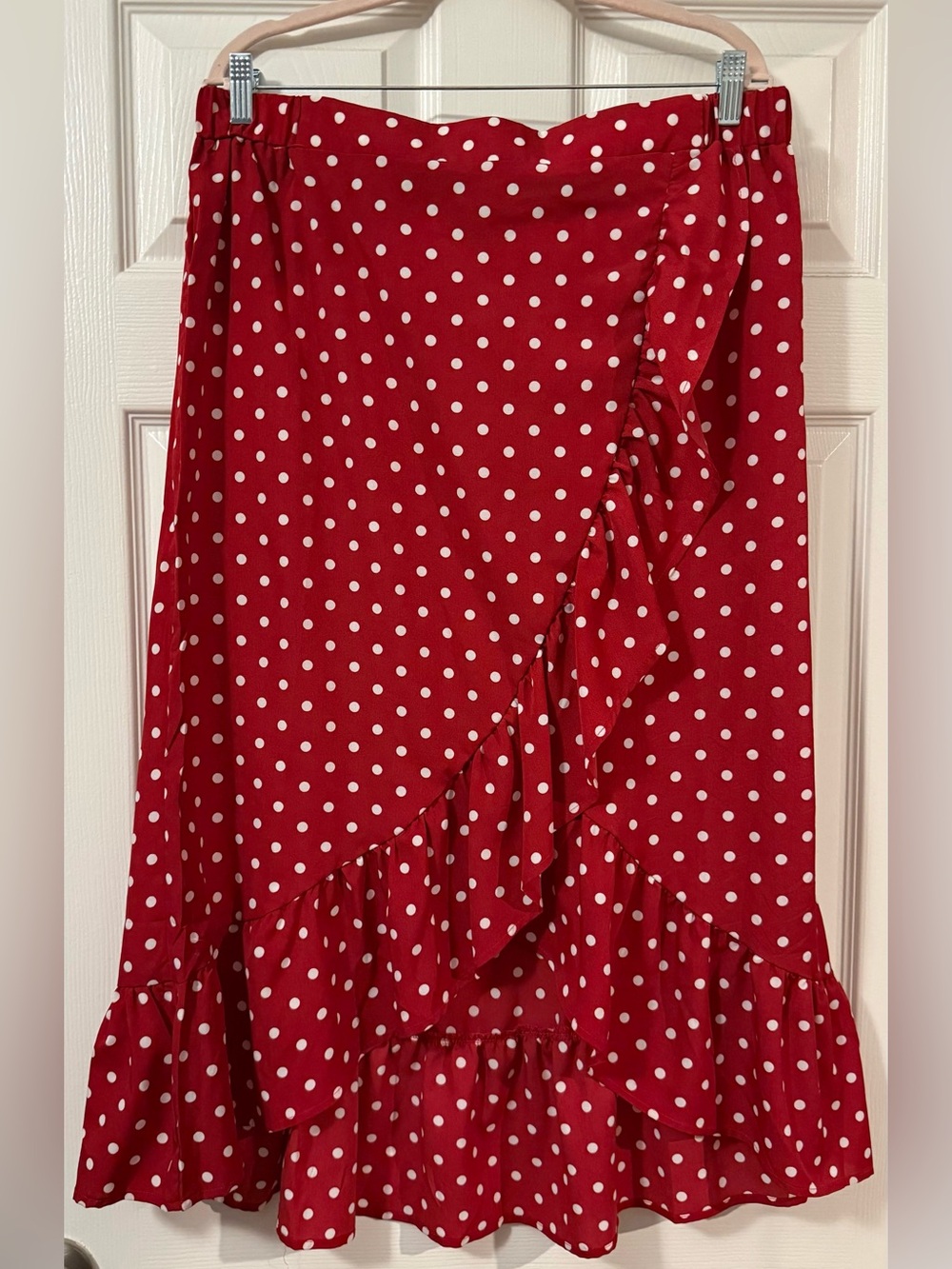 ❤️🤍 RED & WHITE POLKA DOT RUFFLE WRAP MIDI SKIRT LARGE — CUTE & FEMININE